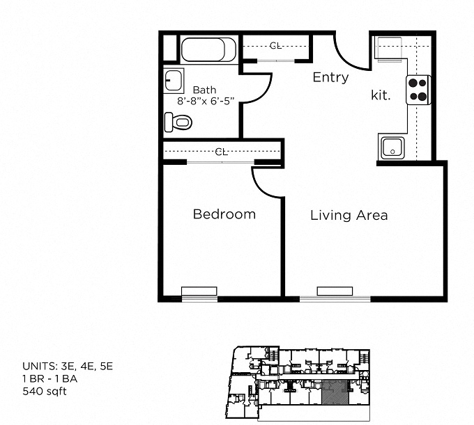 Floor plan for 1 bed, 1 bath, 540 sqft